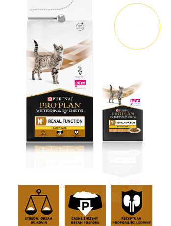 Balení krmiva Purina Pro Plan Veterinary Diets NF Renal Function Early Care, které obsahuje suché a mokré krmivo pro 1. a 2. stupeň IRIS.
