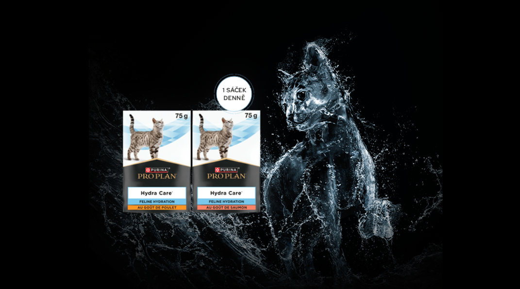Obal vlhkého krmiva Pro Plan Hydra Care s pozadím znázorňujícím kočku ve tvaru vody, který podporuje zvýšený denní příjem vody.